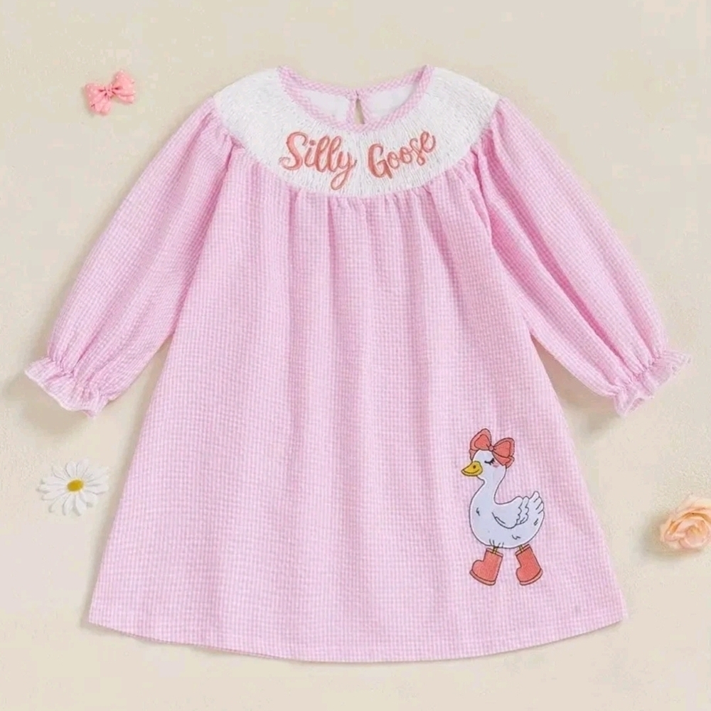 Silly Goose Girls Pink Gingham Long Sleeve Dress With Embroidered Goose & Ruffle